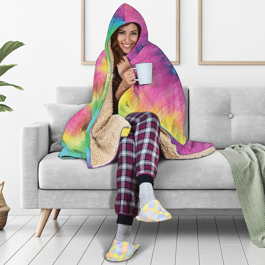 Bright Spiral Tie Dye Print Hooded Blanket