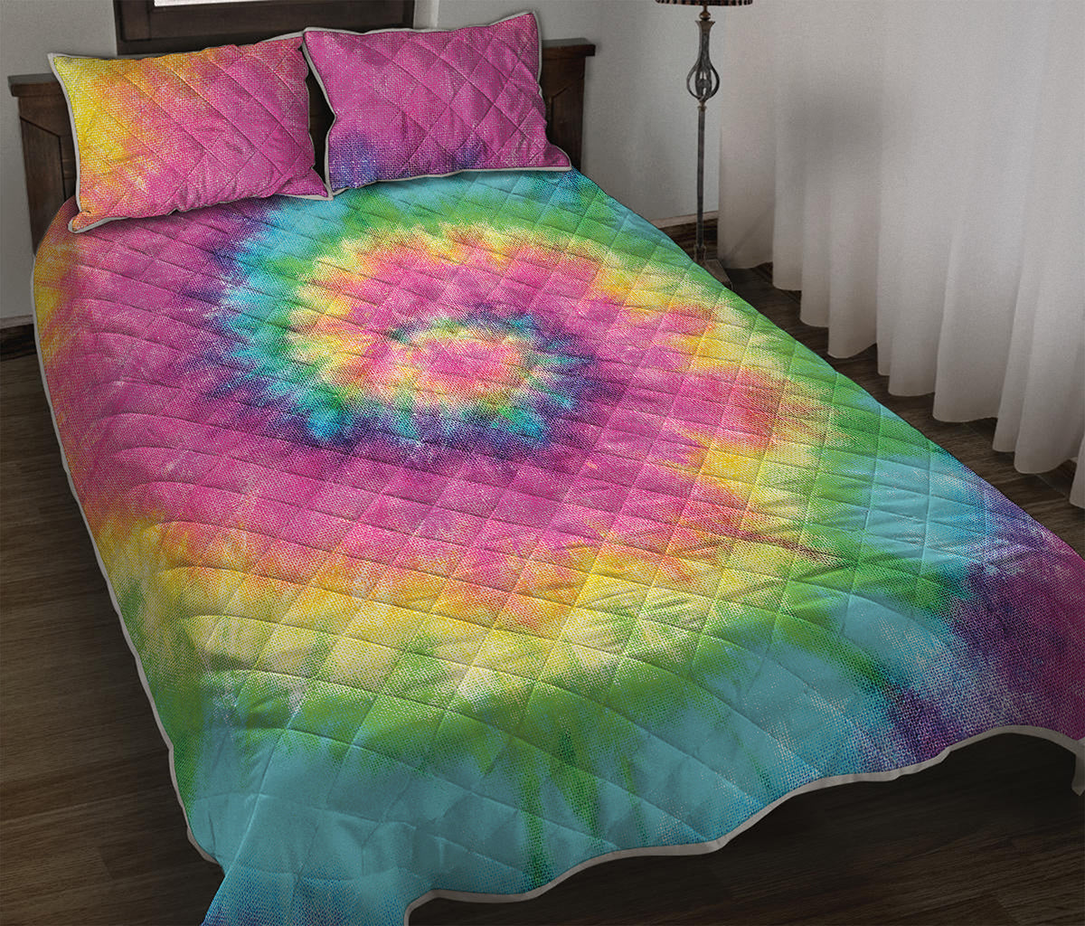 Bright Spiral Tie Dye Print Quilt Bed Set