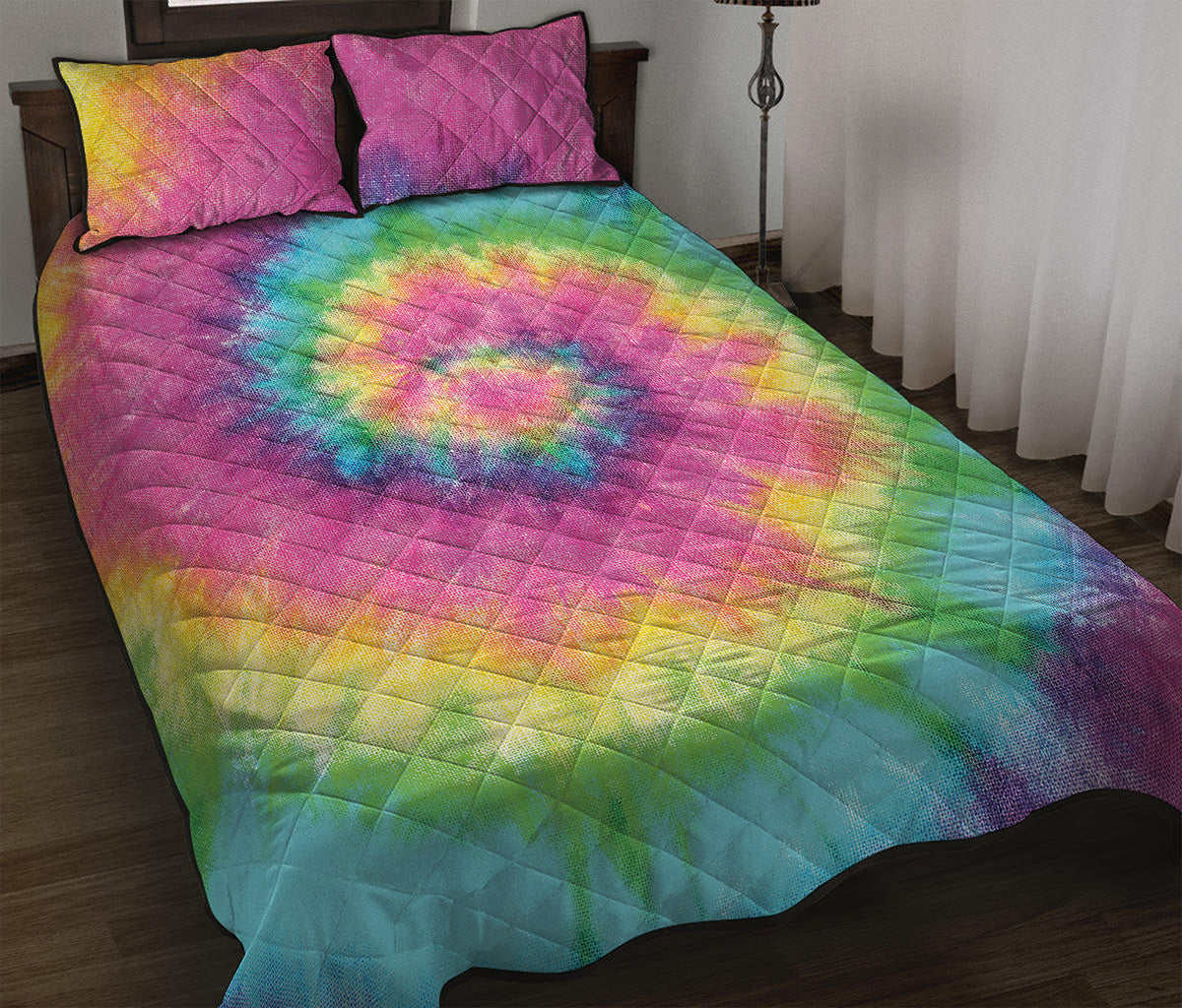 Bright Spiral Tie Dye Print Quilt Bed Set