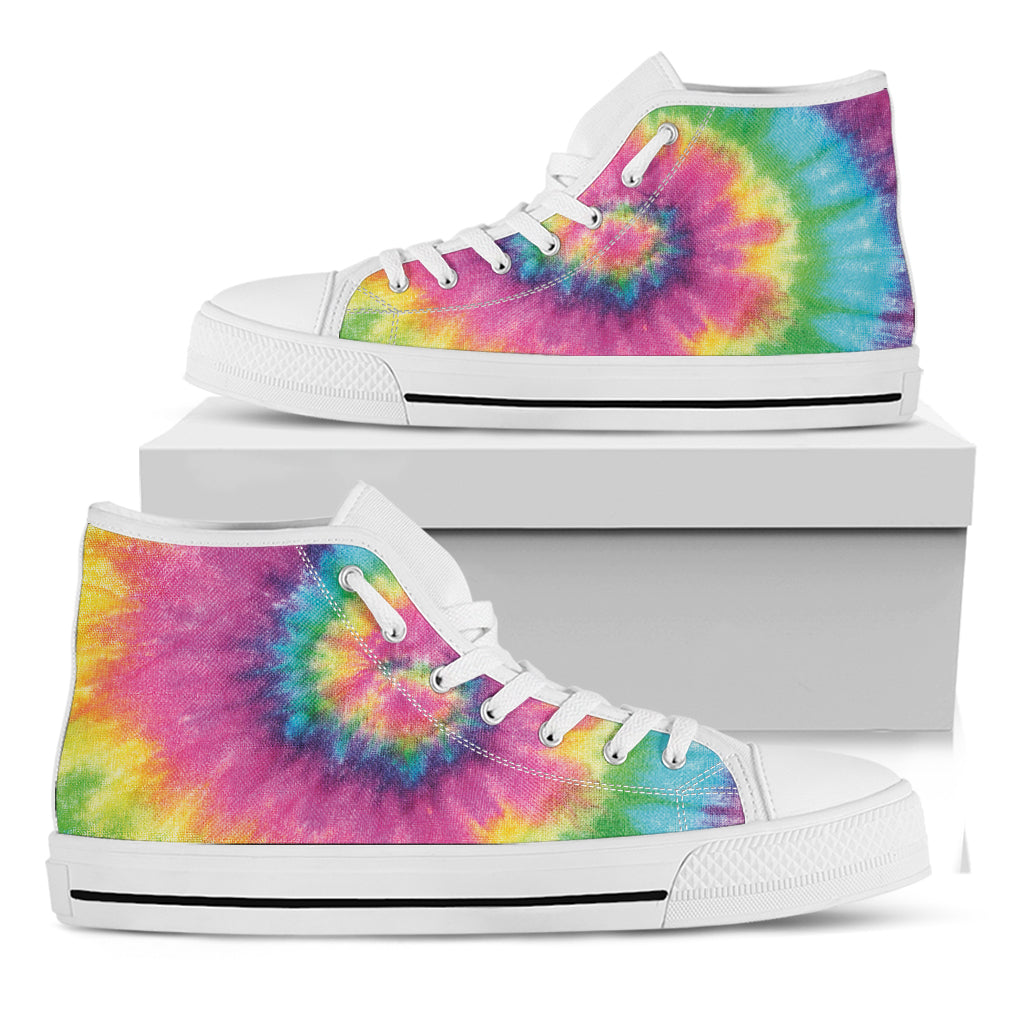 Bright Spiral Tie Dye Print White High Top Shoes