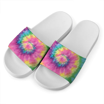 Bright Spiral Tie Dye Print White Slide Sandals