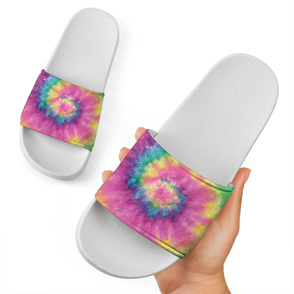 Bright Spiral Tie Dye Print White Slide Sandals