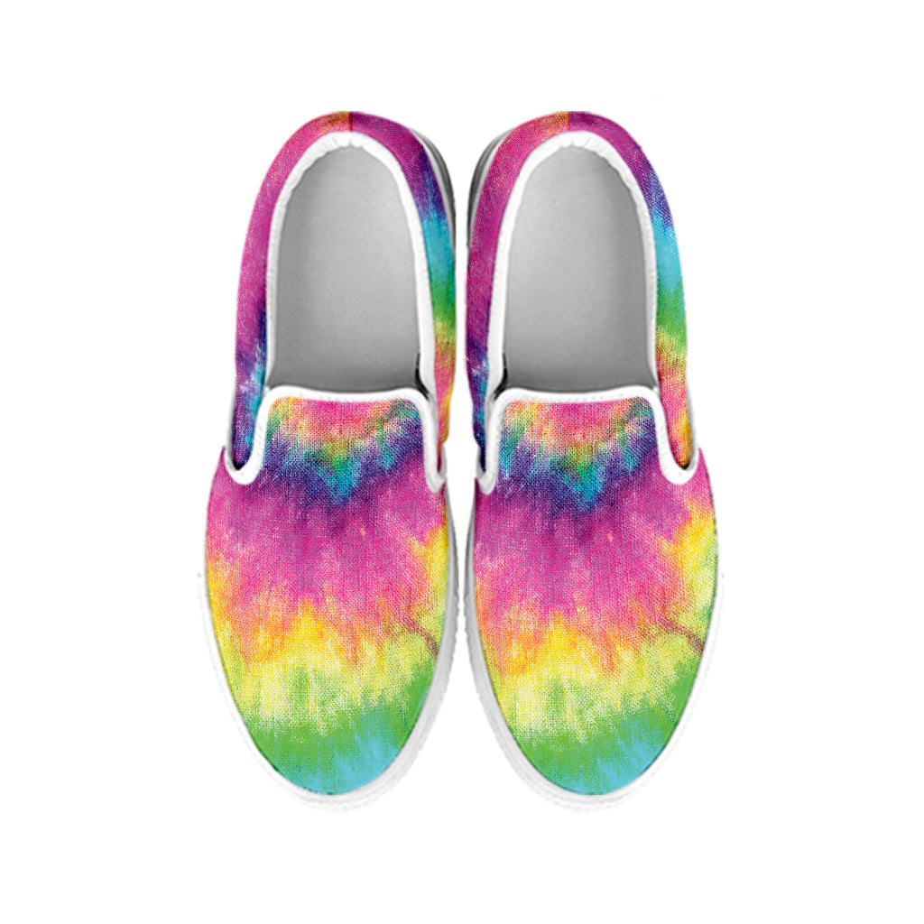 Bright Spiral Tie Dye Print White Slip On Shoes
