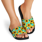 Bright Sunflower Pattern Print Black Slide Sandals