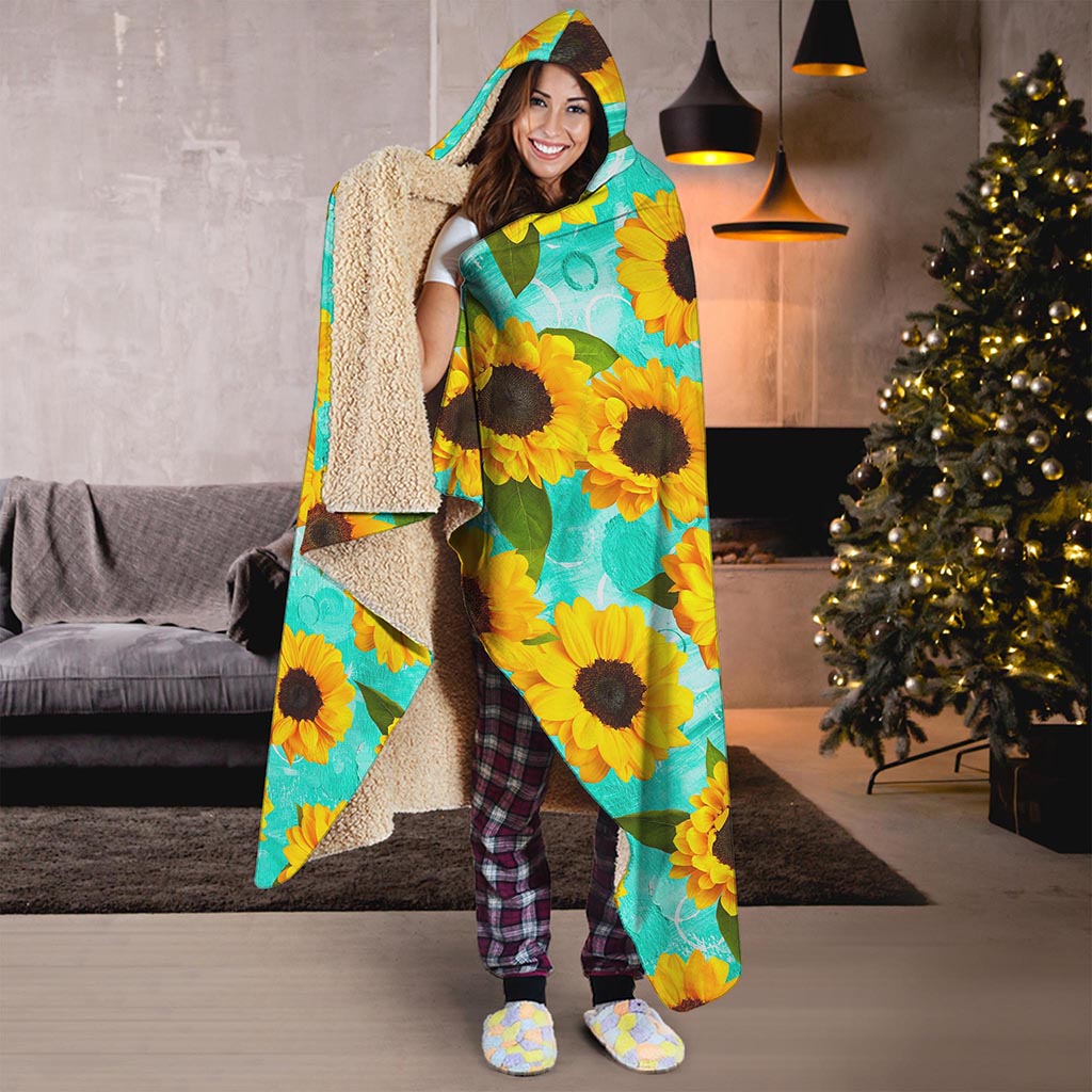 Bright Sunflower Pattern Print Hooded Blanket