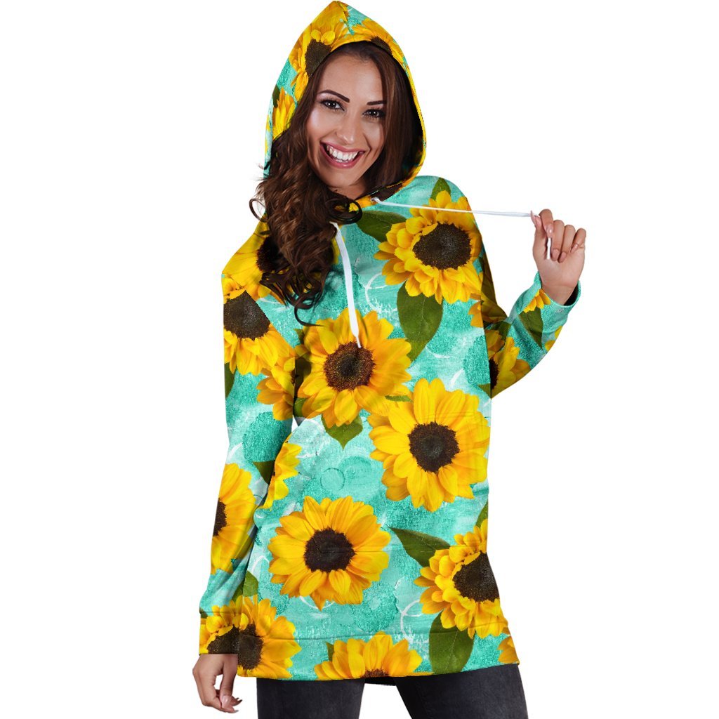 Bright Sunflower Pattern Print Hoodie Dress GearFrost