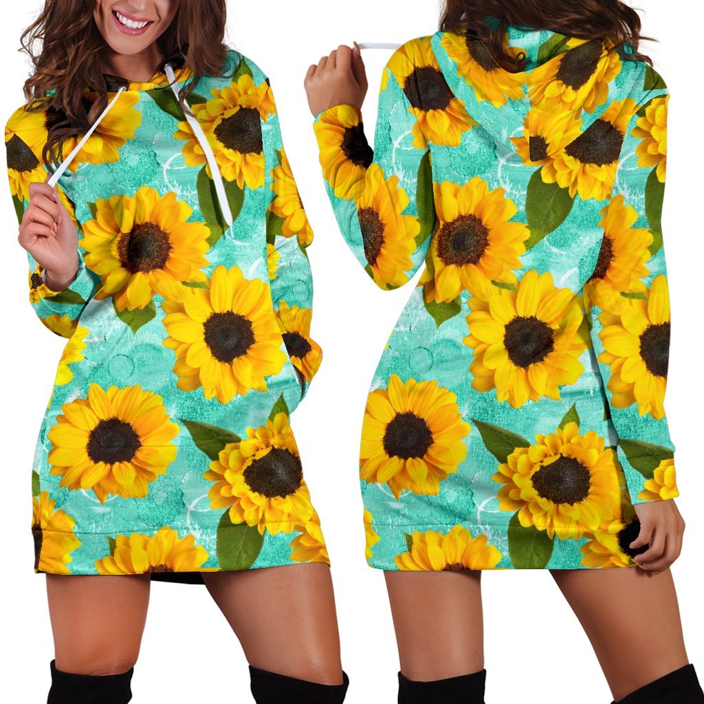 Bright Sunflower Pattern Print Hoodie Dress GearFrost