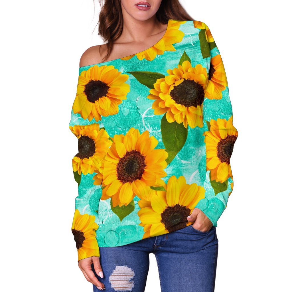 Bright Sunflower Pattern Print Off Shoulder Sweatshirt GearFrost