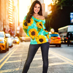 Bright Sunflower Pattern Print Off Shoulder Sweatshirt GearFrost