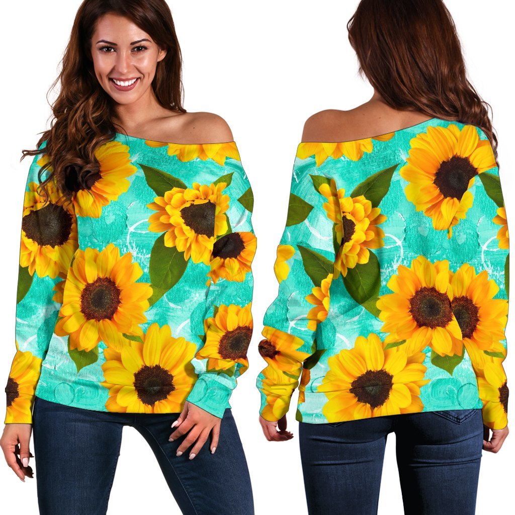 Bright Sunflower Pattern Print Off Shoulder Sweatshirt GearFrost