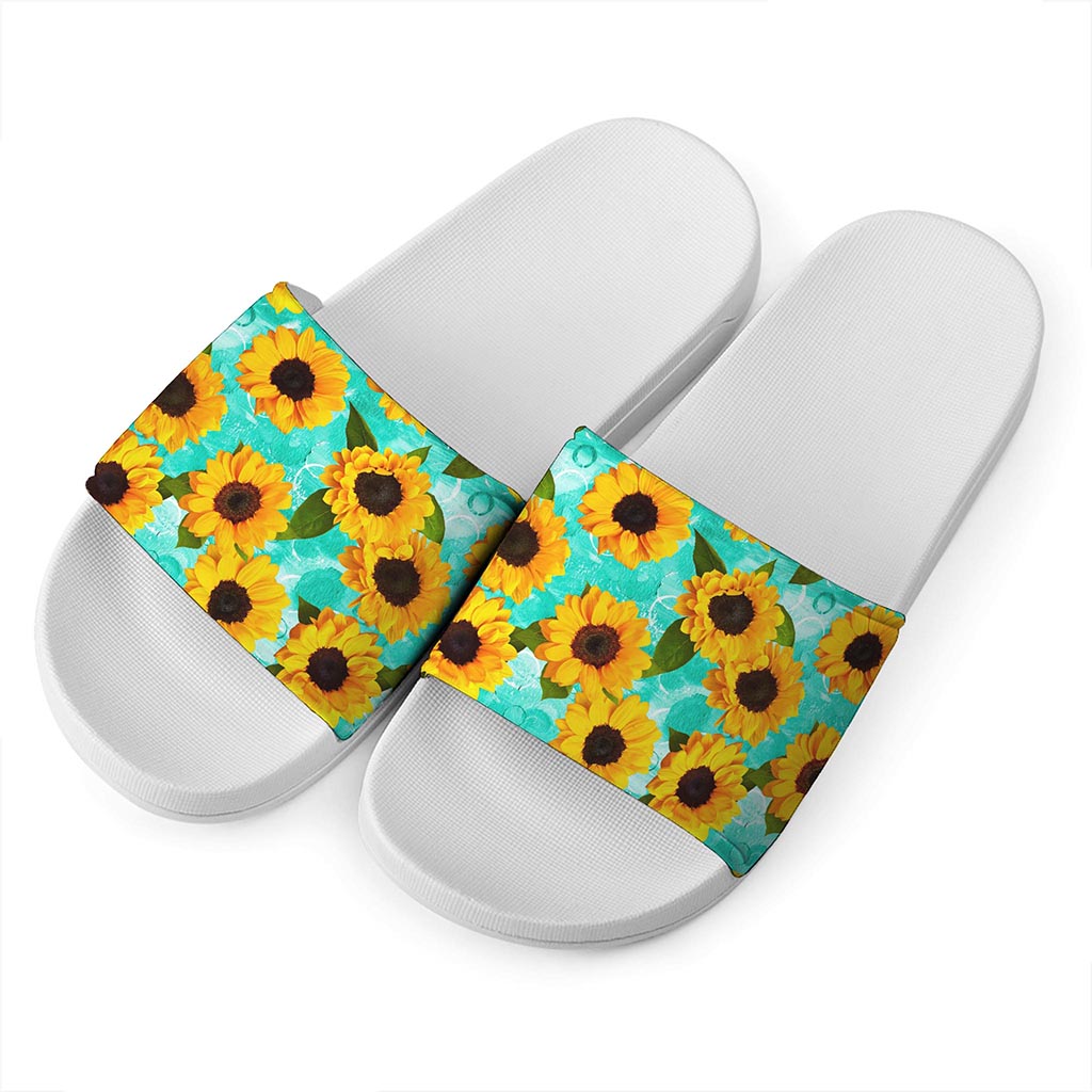 Bright Sunflower Pattern Print White Slide Sandals