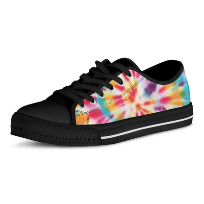 Bright Swirl Tie Dye Print Black Low Top Shoes 