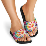 Bright Swirl Tie Dye Print Black Slide Sandals