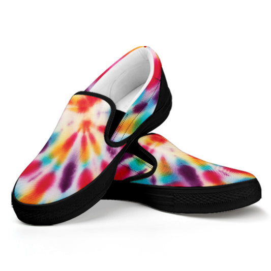 Bright Swirl Tie Dye Print Black Slip On Shoes