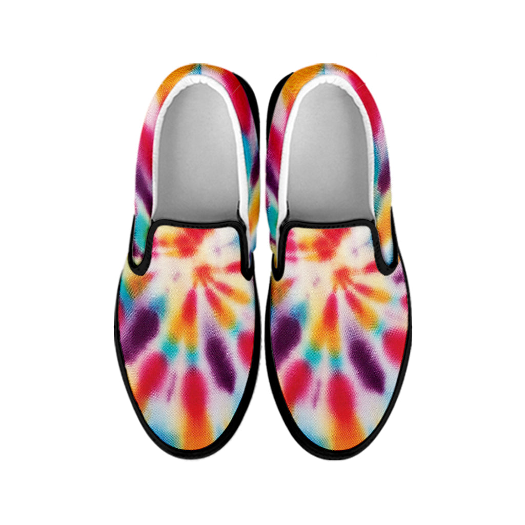 Bright Swirl Tie Dye Print Black Slip On Shoes