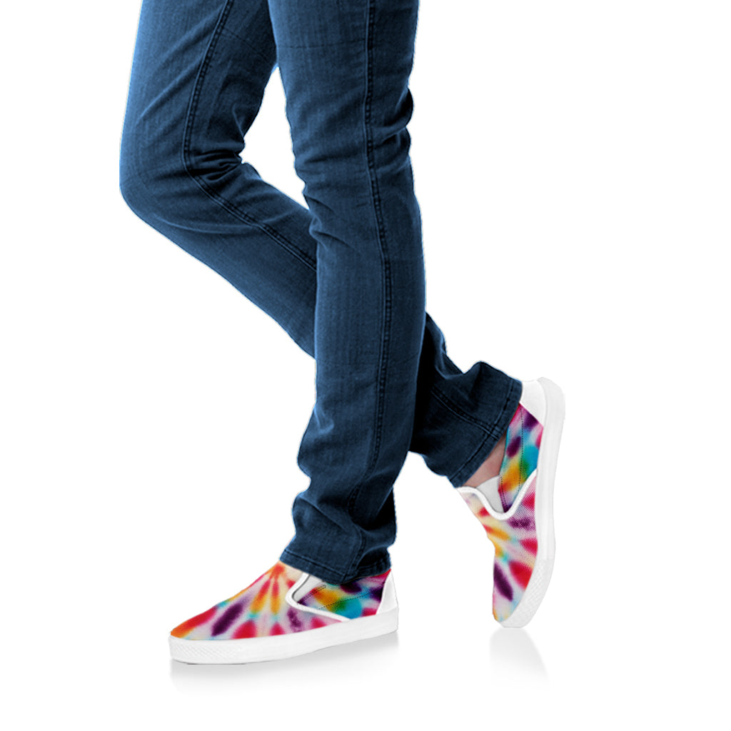 Bright Swirl Tie Dye Print White Slip On Shoes