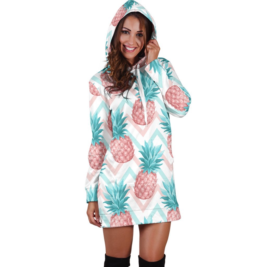 Bright Zig Zag Pineapple Pattern Print Hoodie Dress GearFrost