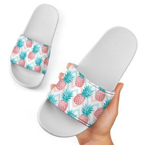 Bright Zig Zag Pineapple Pattern Print White Slide Sandals