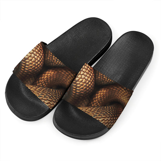 Bronze Snake Print Black Slide Sandals