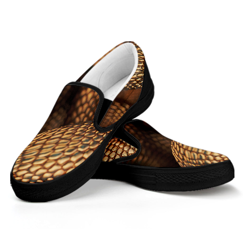 Bronze Snake Print Black Slip On Shoes