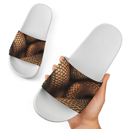 Bronze Snake Print White Slide Sandals