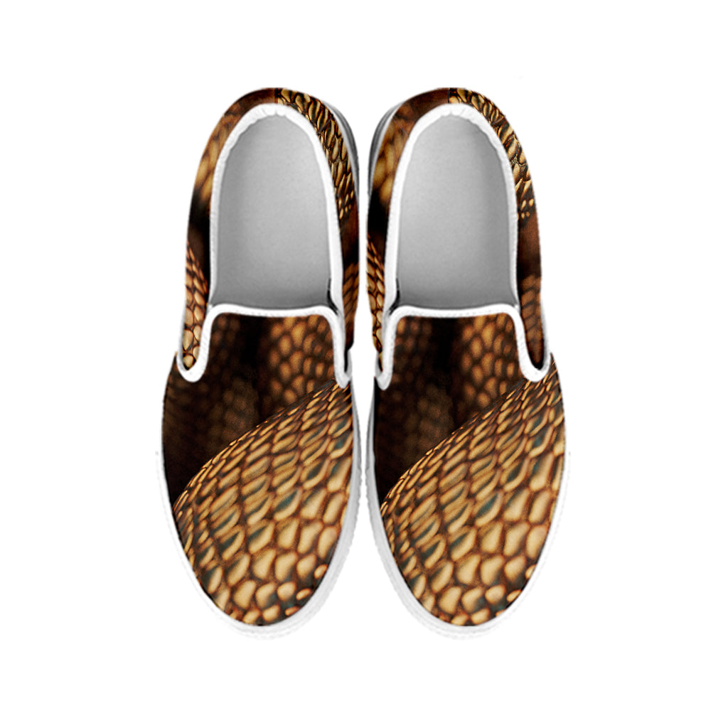 Bronze Snake Print White Slip On Shoes