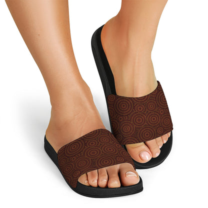 Brown Aboriginal Dot Pattern Print Black Slide Sandals