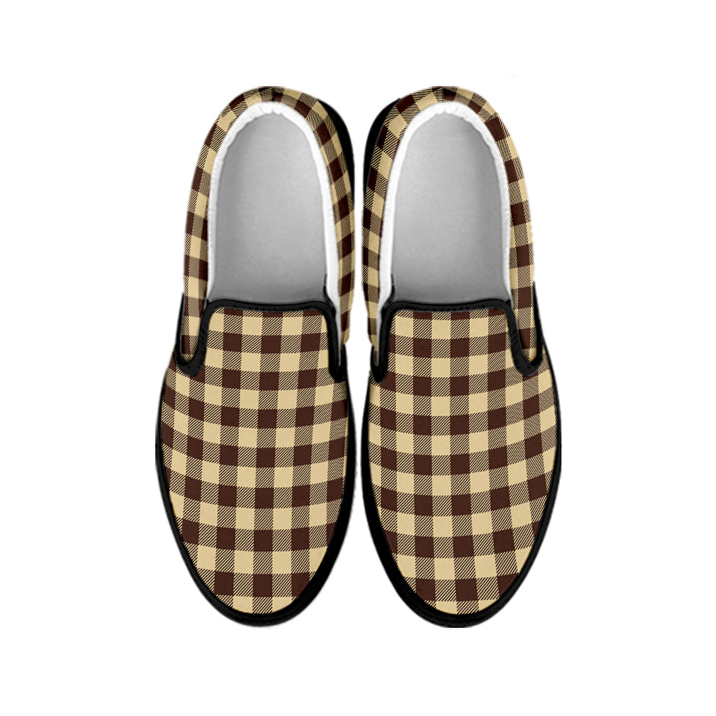 Brown And Beige Buffalo Check Print Black Slip On Shoes