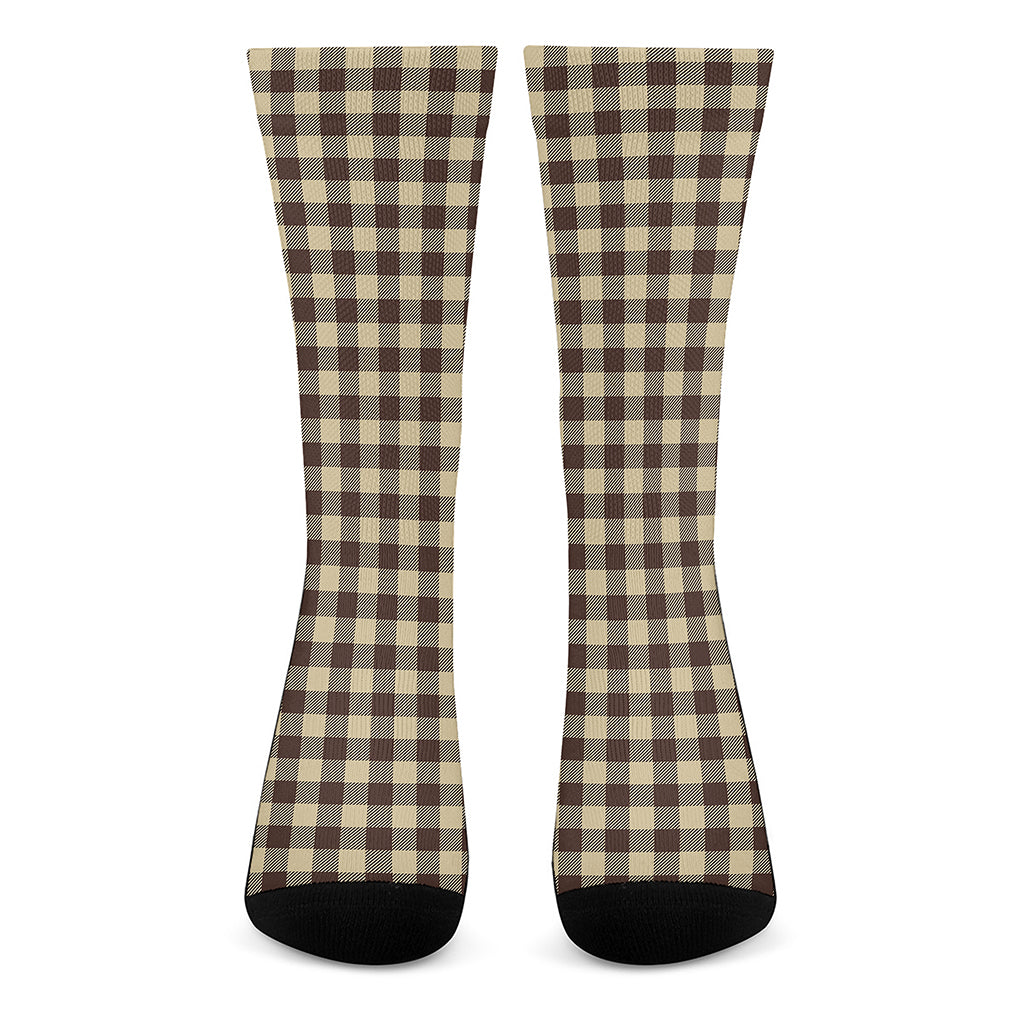 Brown And Beige Buffalo Check Print Crew Socks