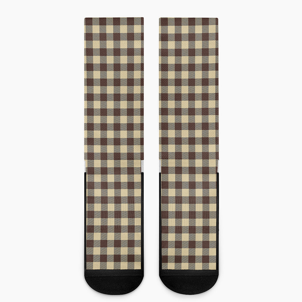 Brown And Beige Buffalo Check Print Crew Socks