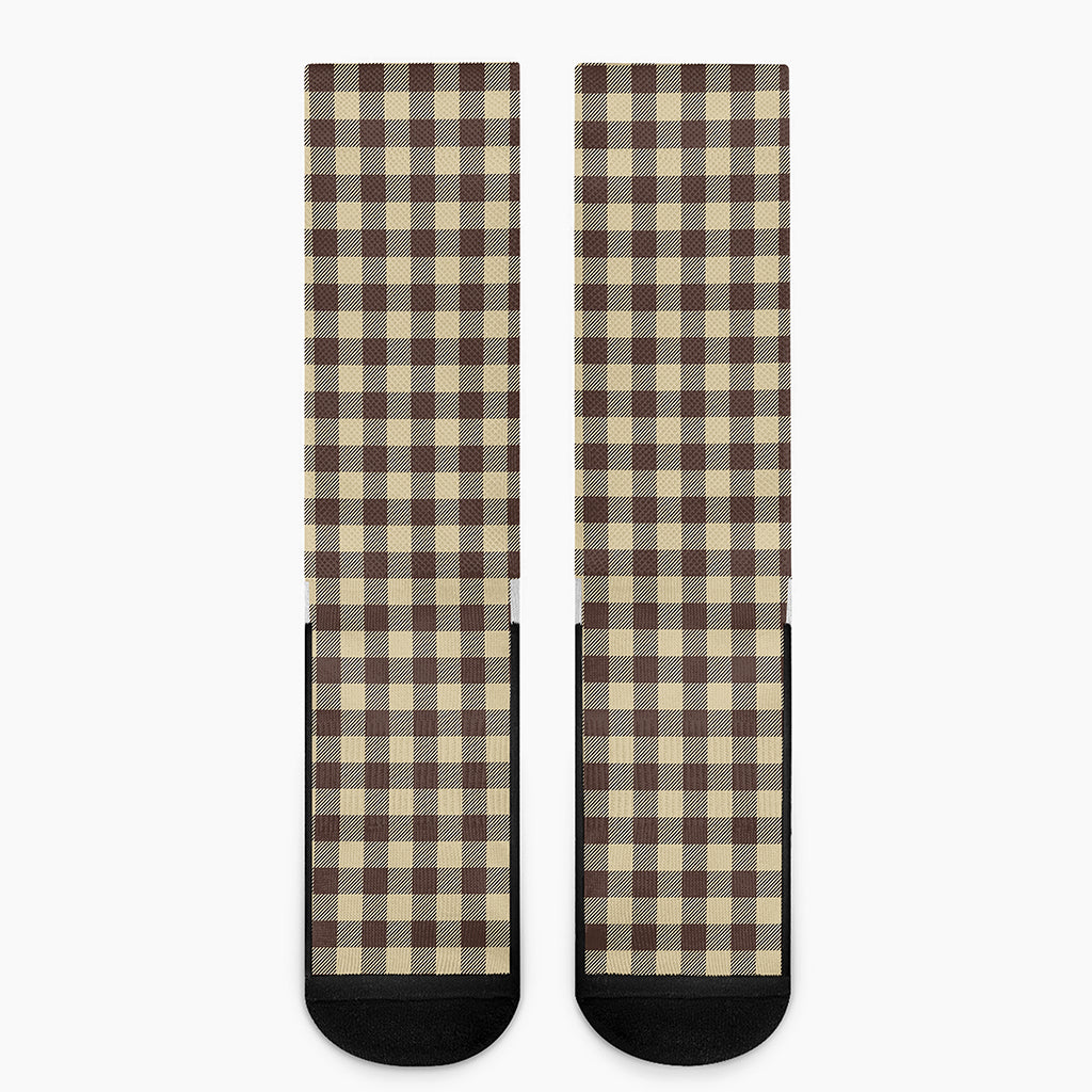 Brown And Beige Buffalo Check Print Crew Socks