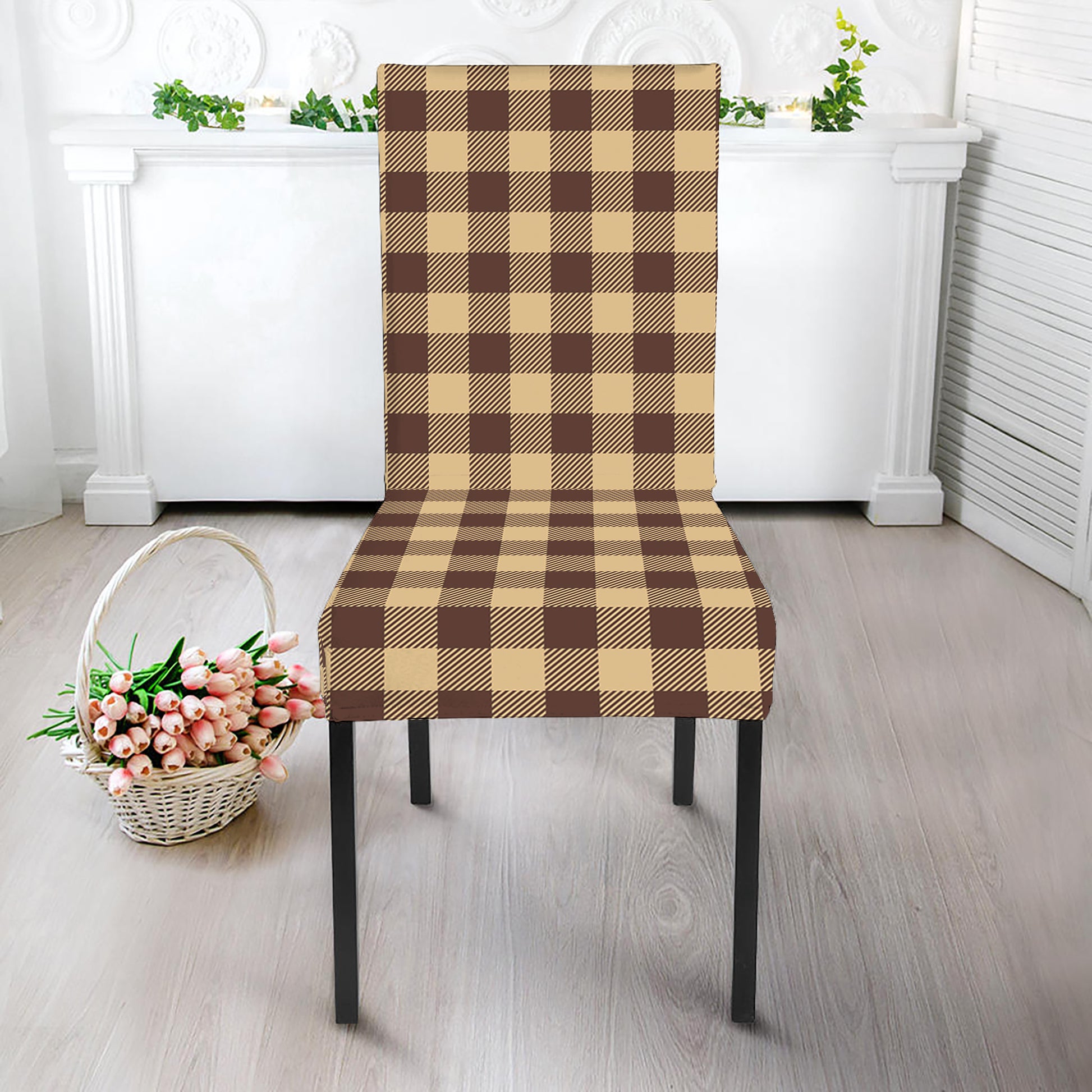 Brown And Beige Buffalo Check Print Dining Chair Slipcover
