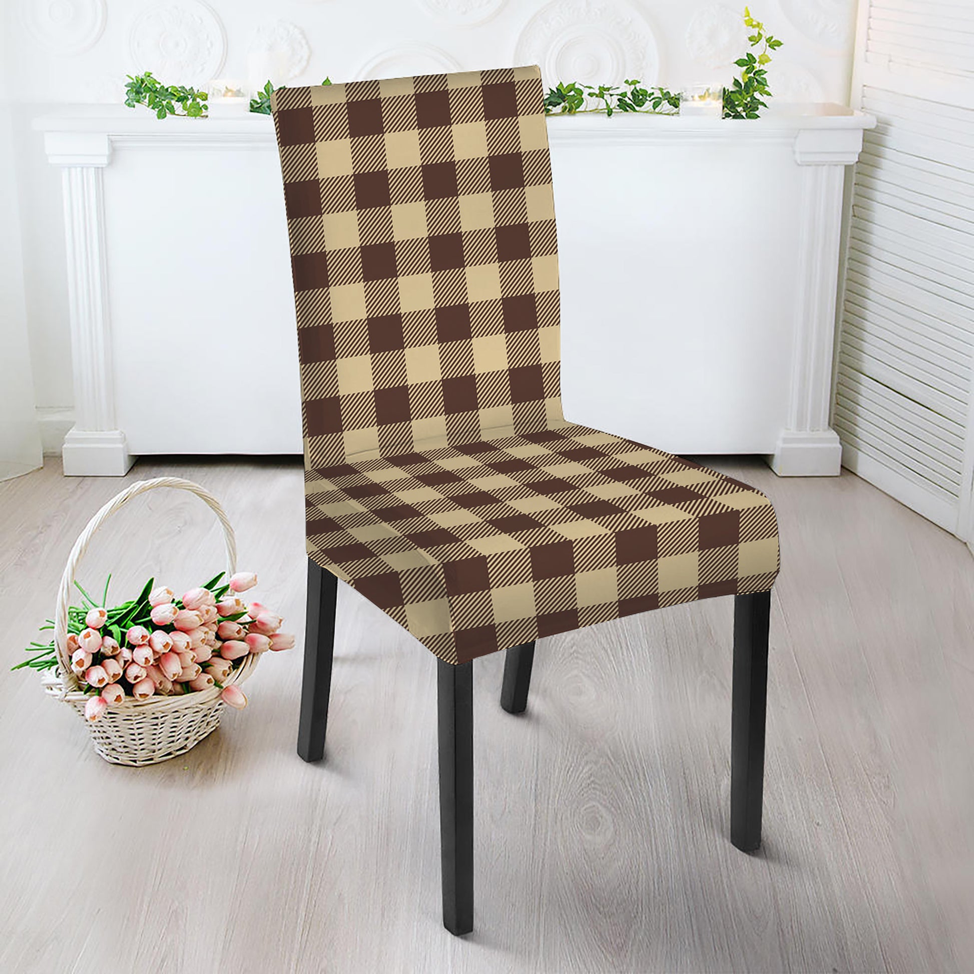 Brown And Beige Buffalo Check Print Dining Chair Slipcover