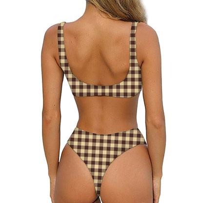 Brown And Beige Buffalo Check Print Front Bow Tie Bikini