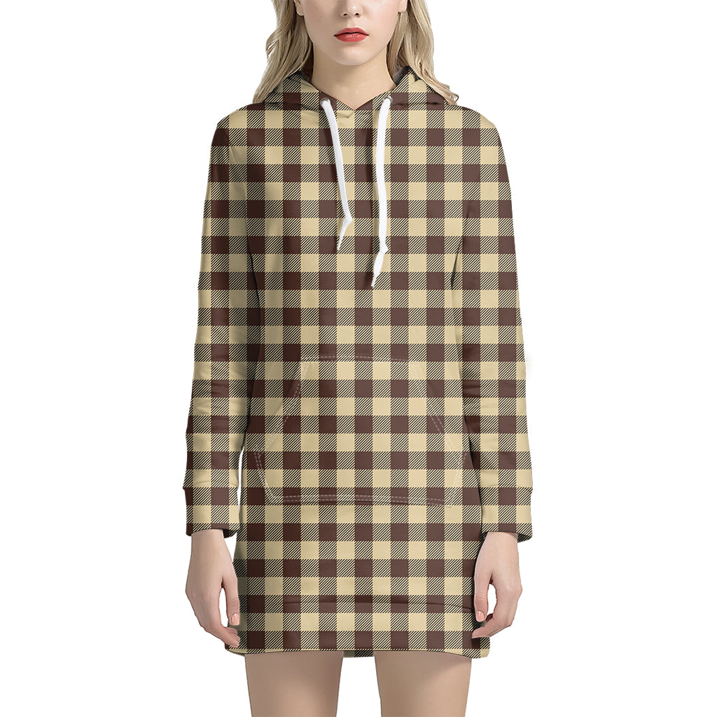 Brown And Beige Buffalo Check Print Hoodie Dress