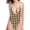 Brown And Beige Buffalo Check Print One Piece High Cut Swimsuit