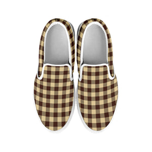 Brown And Beige Buffalo Check Print White Slip On Shoes