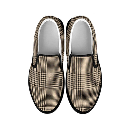 Brown And Beige Glen Plaid Print Black Slip On Shoes