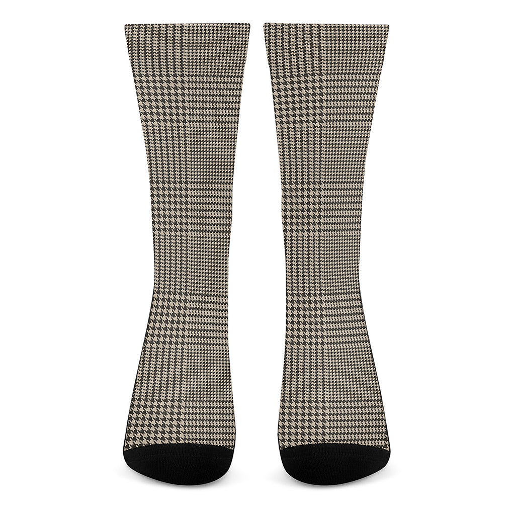 Brown And Beige Glen Plaid Print Crew Socks