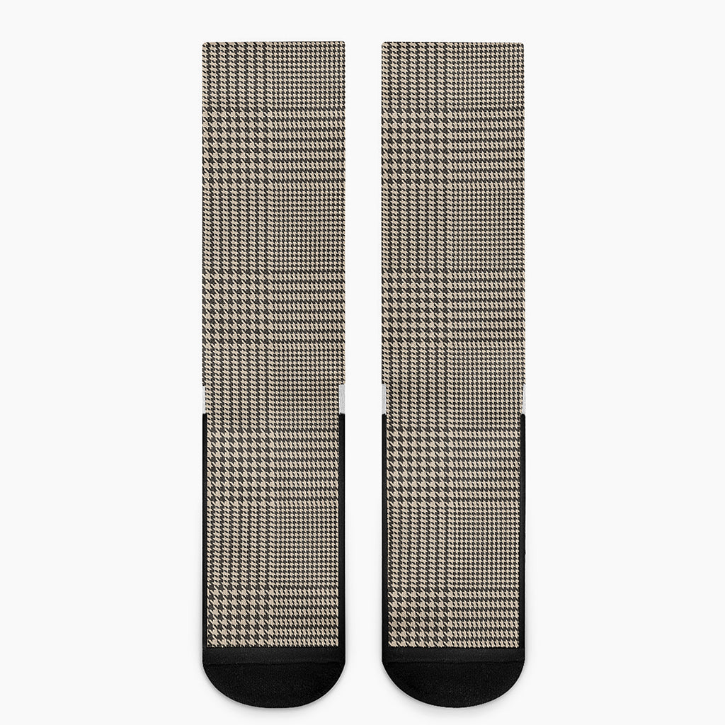 Brown And Beige Glen Plaid Print Crew Socks