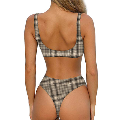 Brown And Beige Glen Plaid Print Front Bow Tie Bikini