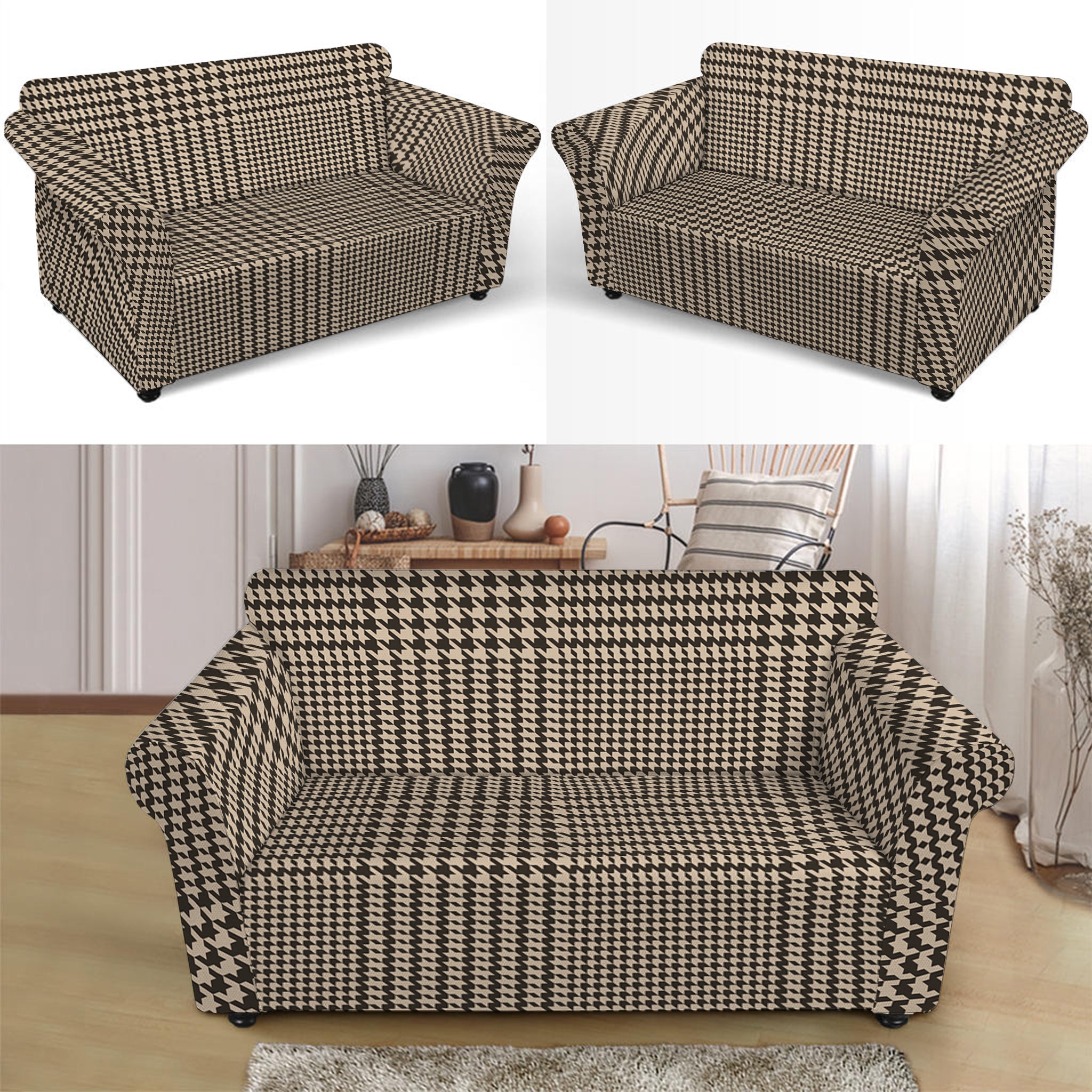 Brown And Beige Glen Plaid Print Loveseat Slipcover