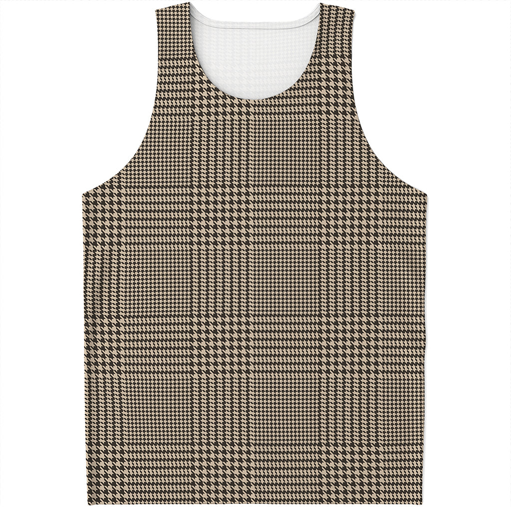 Brown And Beige Glen Plaid Print Men's Tank Top