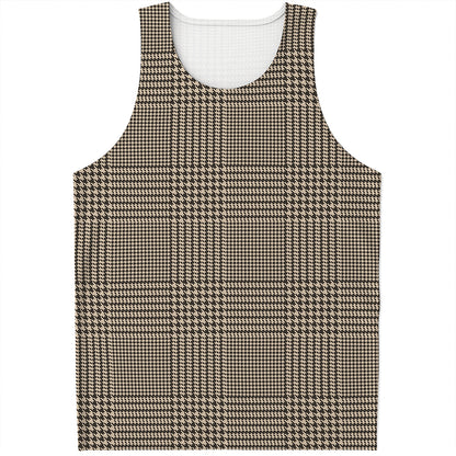 Brown And Beige Glen Plaid Print Men's Tank Top