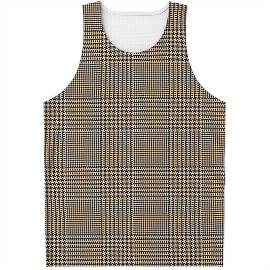 Brown And Beige Glen Plaid Print Men's Tank Top