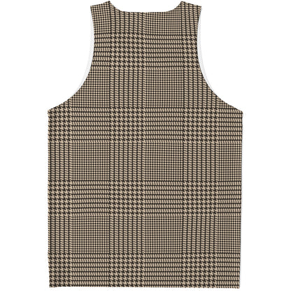 Brown And Beige Glen Plaid Print Men's Tank Top