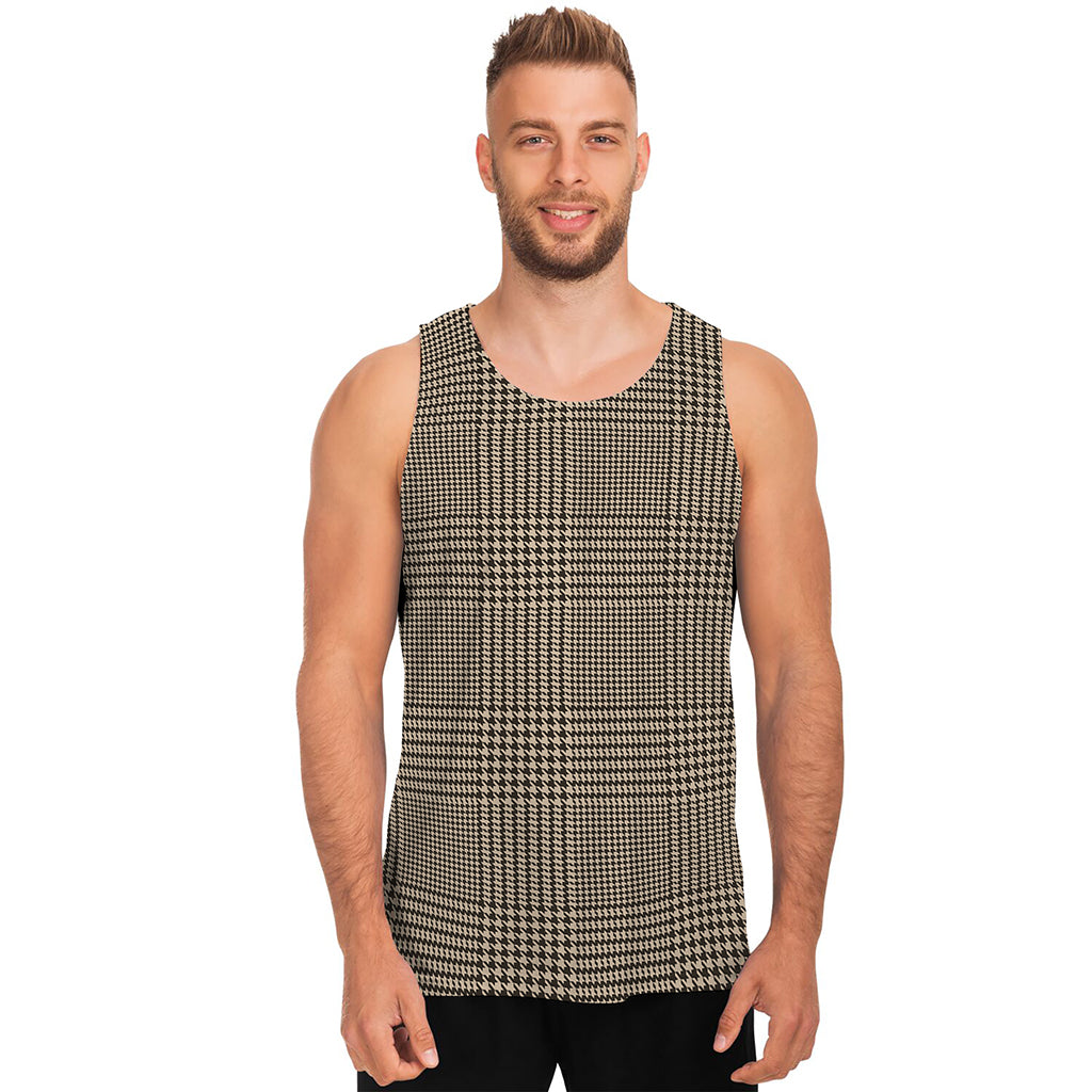 Brown And Beige Glen Plaid Print Men's Tank Top
