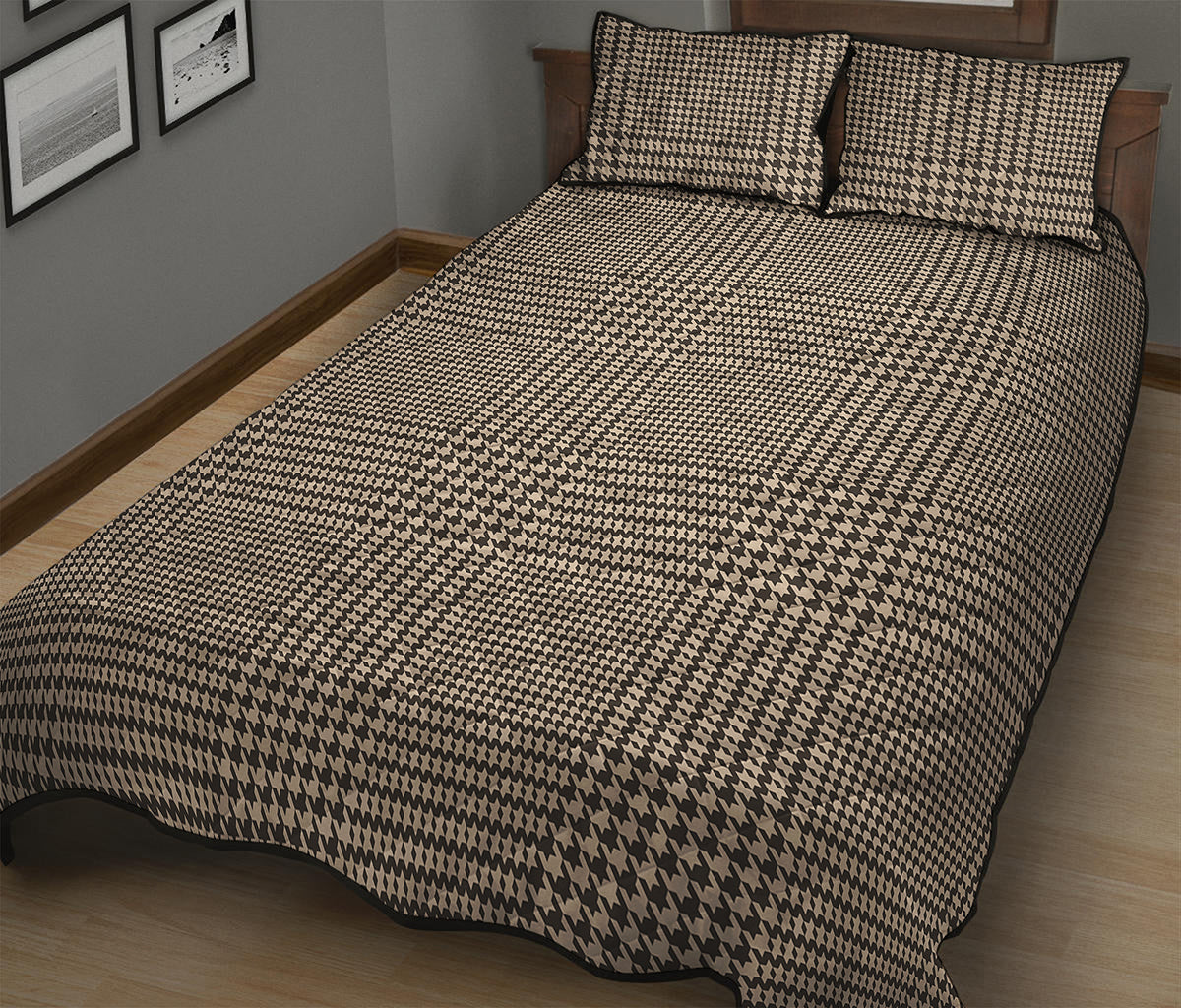 Brown And Beige Glen Plaid Print Quilt Bed Set