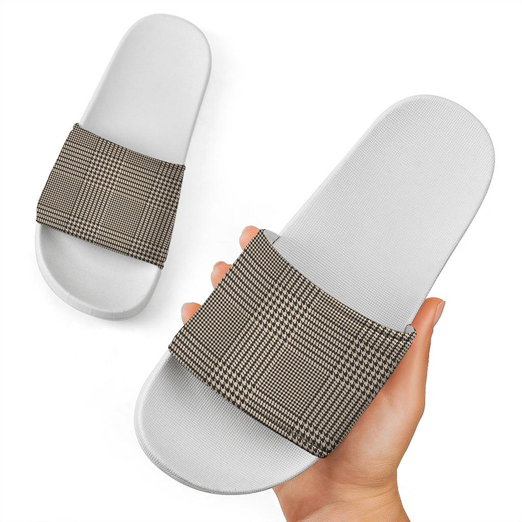 Brown And Beige Glen Plaid Print White Slide Sandals