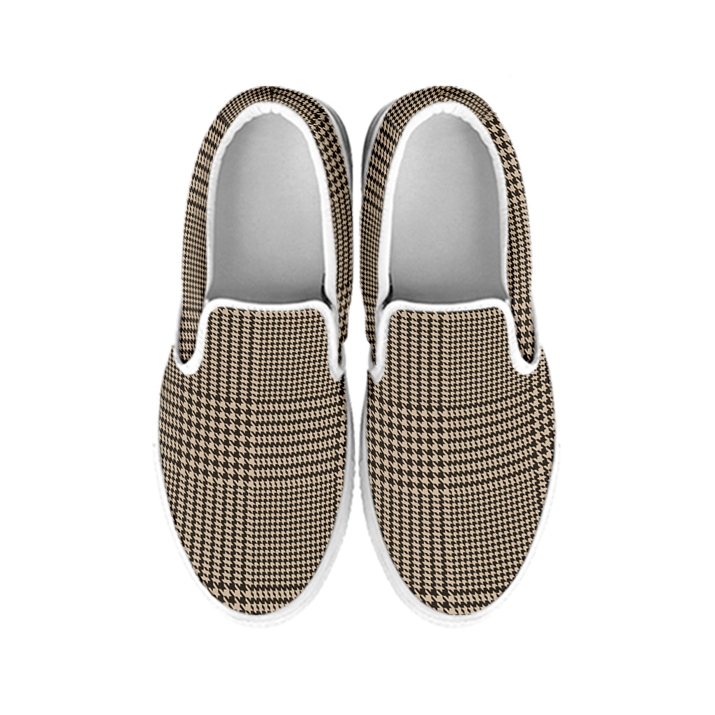 Brown And Beige Glen Plaid Print White Slip On Shoes